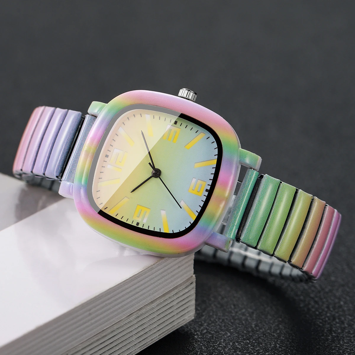 Modische Regenbogen-Böses-Auge-Quadrat-Damenuhr mit buntem elastischem Armband, Damen-Armbanduhren Relogio Feminino (ohne Box) – Detail 13