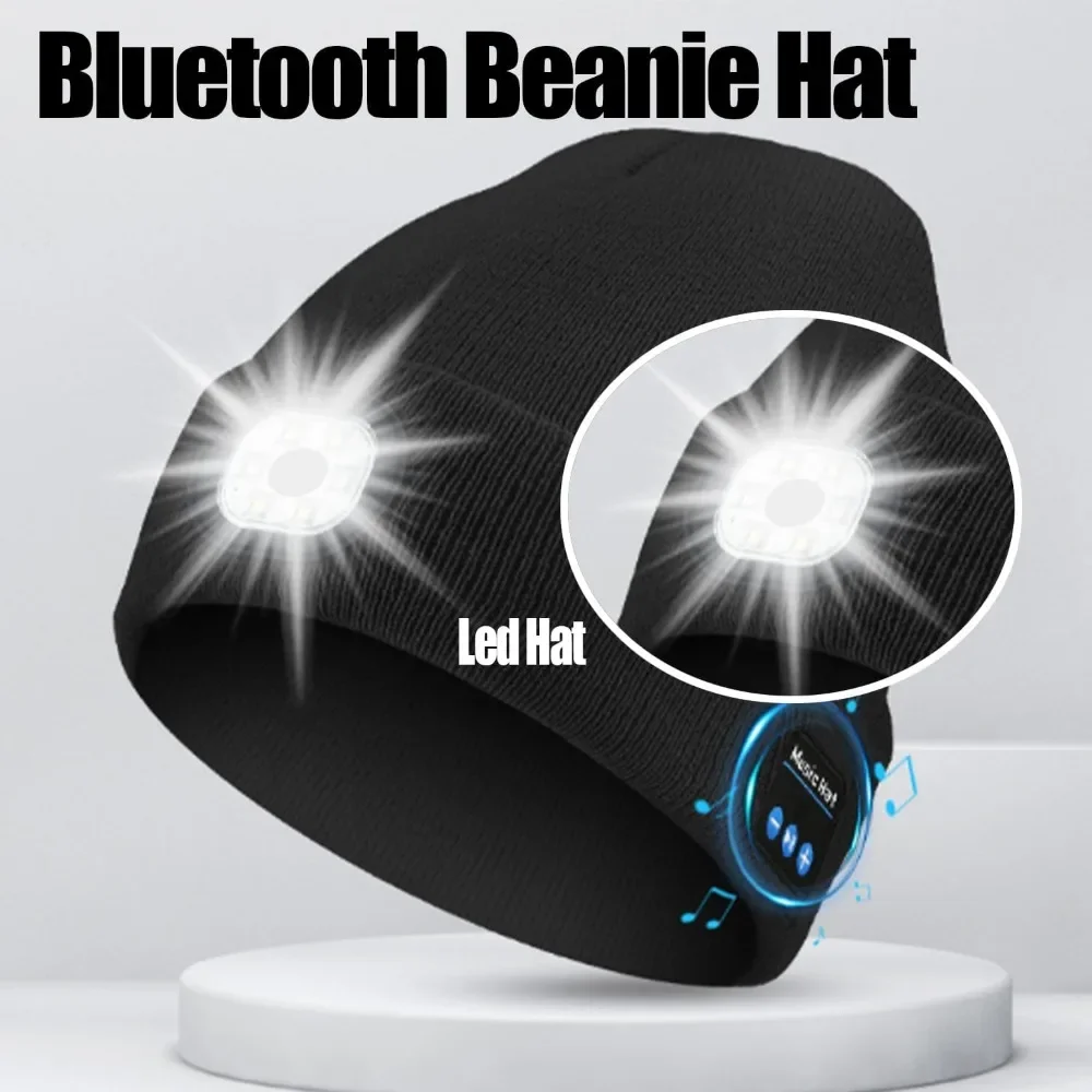 3-in-1 Bluetooth Beanie with Light, 6 LED USB Rechargeable Unisex Headband with Cordless Headphones