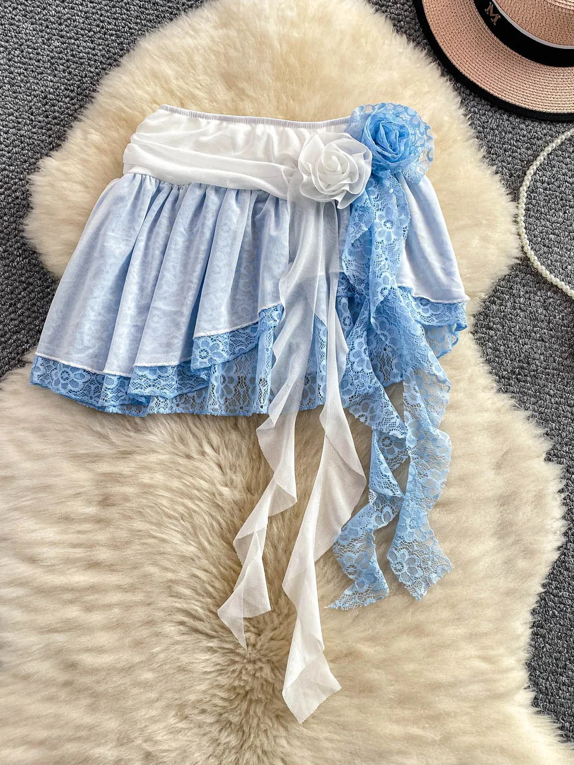 

Белая кружевная вставка, милая молодежная юбка с 3D цветами Sa f, женская юбка с высокой талией, летняя юбка трапециевидной формы 2025 г.