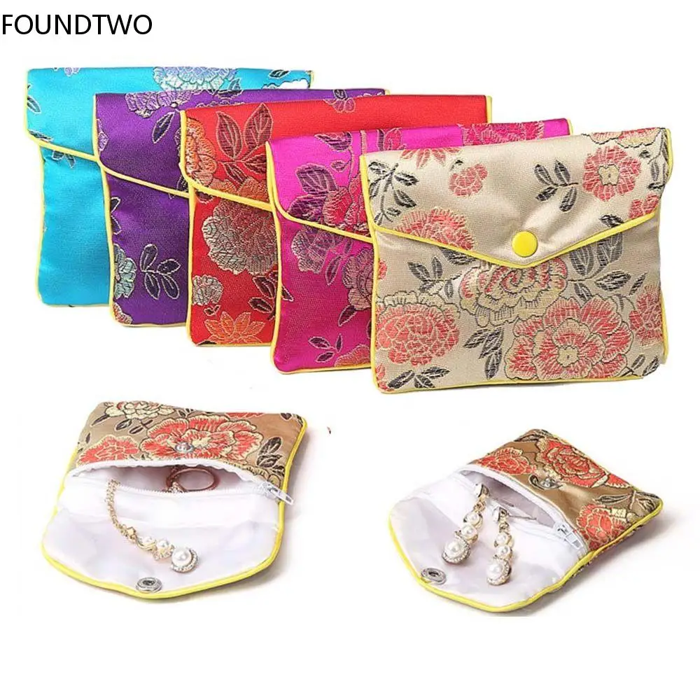 Vintage Brocade Handmade Silk Embroidery Padded Zipper Small Jewelry Gift Storage Pouch Bag Snap Case Satin Coin Purse