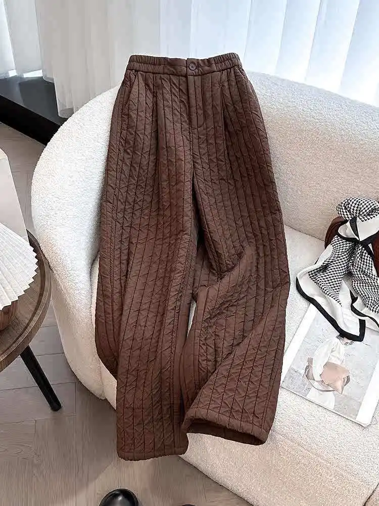 

High Waist Wide Leg Pants Women's plus Size Casual Cotton Blend Slimming Vertical Stripes Loose Fit Straight Cut Trousers