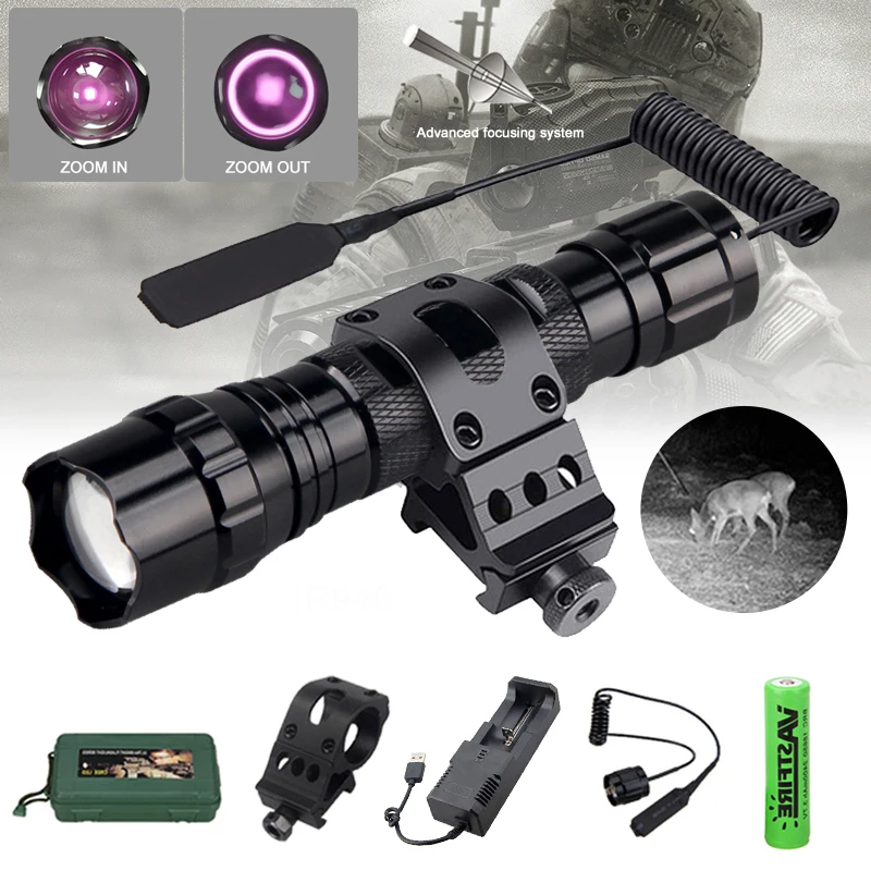 IR Flashlight 300-500m Zoomable Focus 850nm LED Infrared Radiation Lamp Night Vision Torch Hunting Lantern