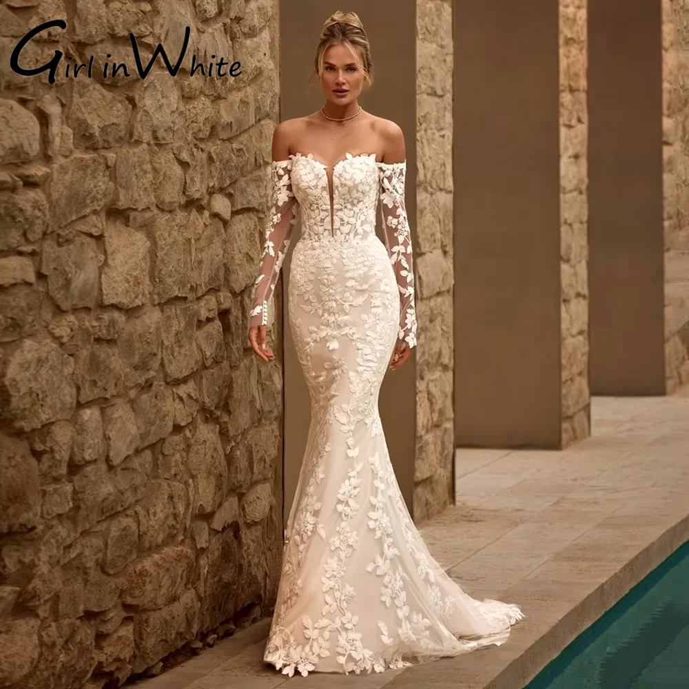 Mermaid Wedding Dress Vestido De Noiva Customized Sweetheart 2026 Full Sleeves Lace Applique Zipper Sweep Train Bridal Gown
