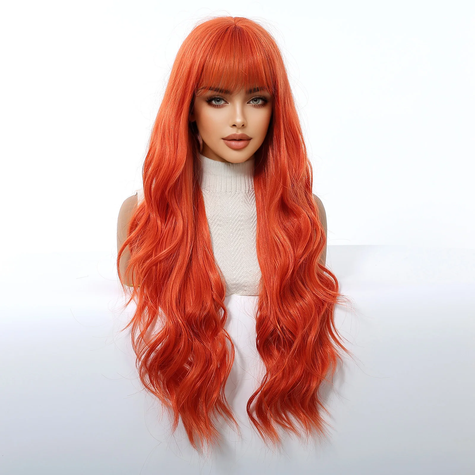 헬로윈 오렌지색 합성 물결 웨이브 롱 가발 (앞머리 포함) 여성용 내열성 파티 코스프레 가발