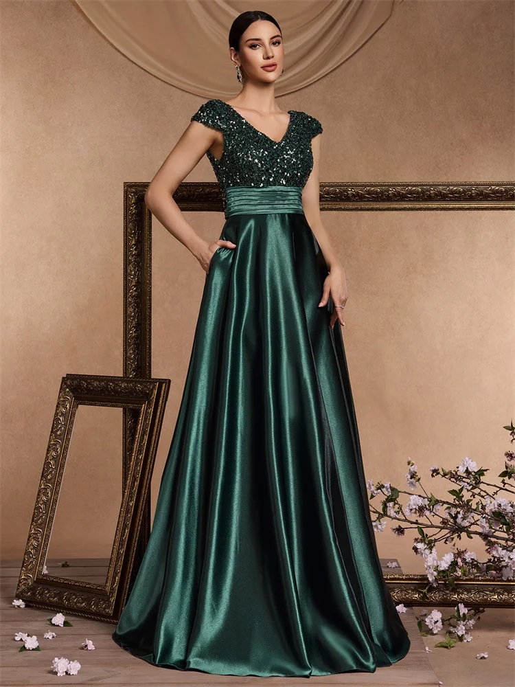 Lucyinlove Elegant V Neck Green Sequin Evening Dress Long 2024 Luxury Women Satin Short Sleeves Party Dress Prom Cocktail Dress