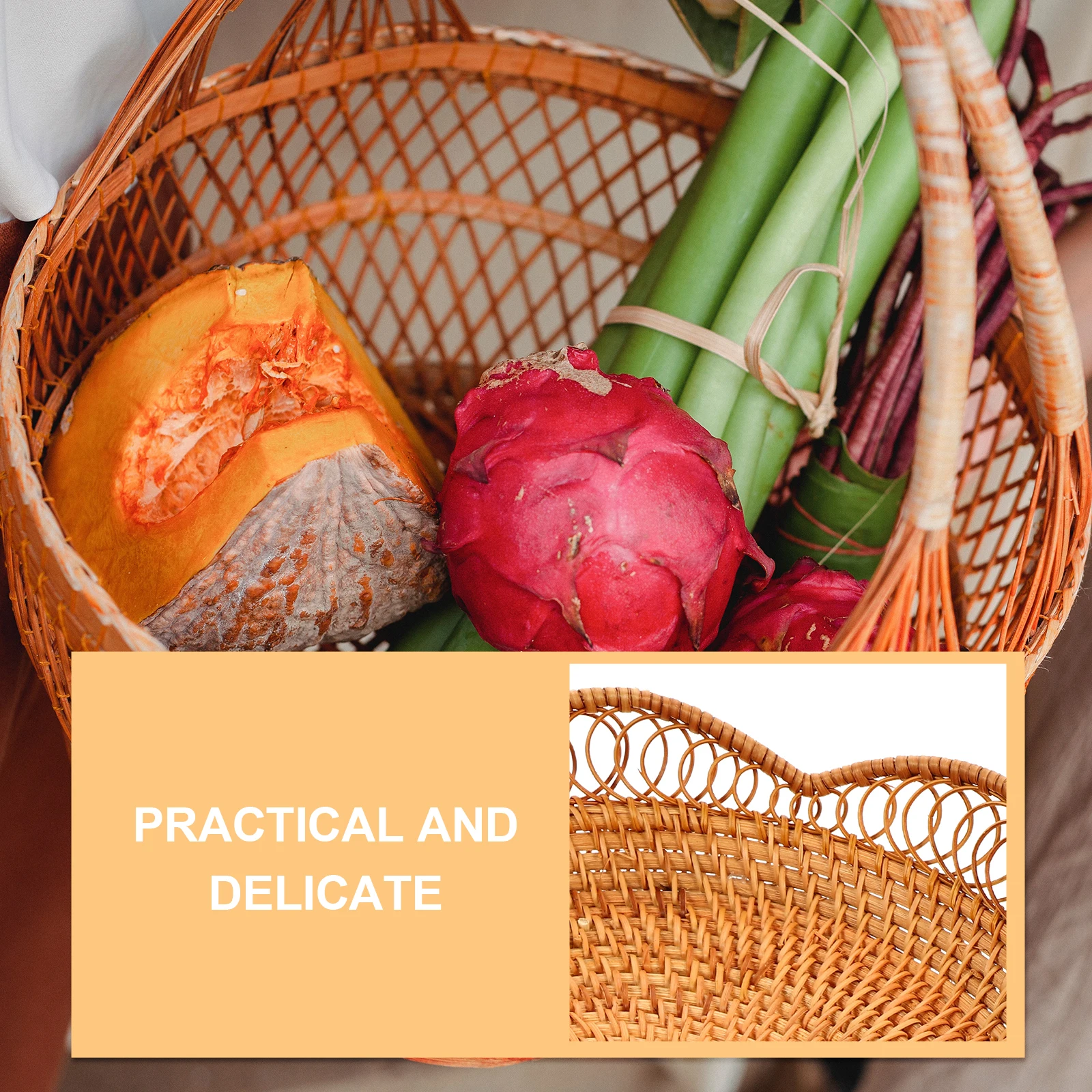 

Rattan Fruit Bowl Storage Baskets Wooden Holders Easy Cleaning Serving Fries Rolls Picnics Kitchens Restaurants Party