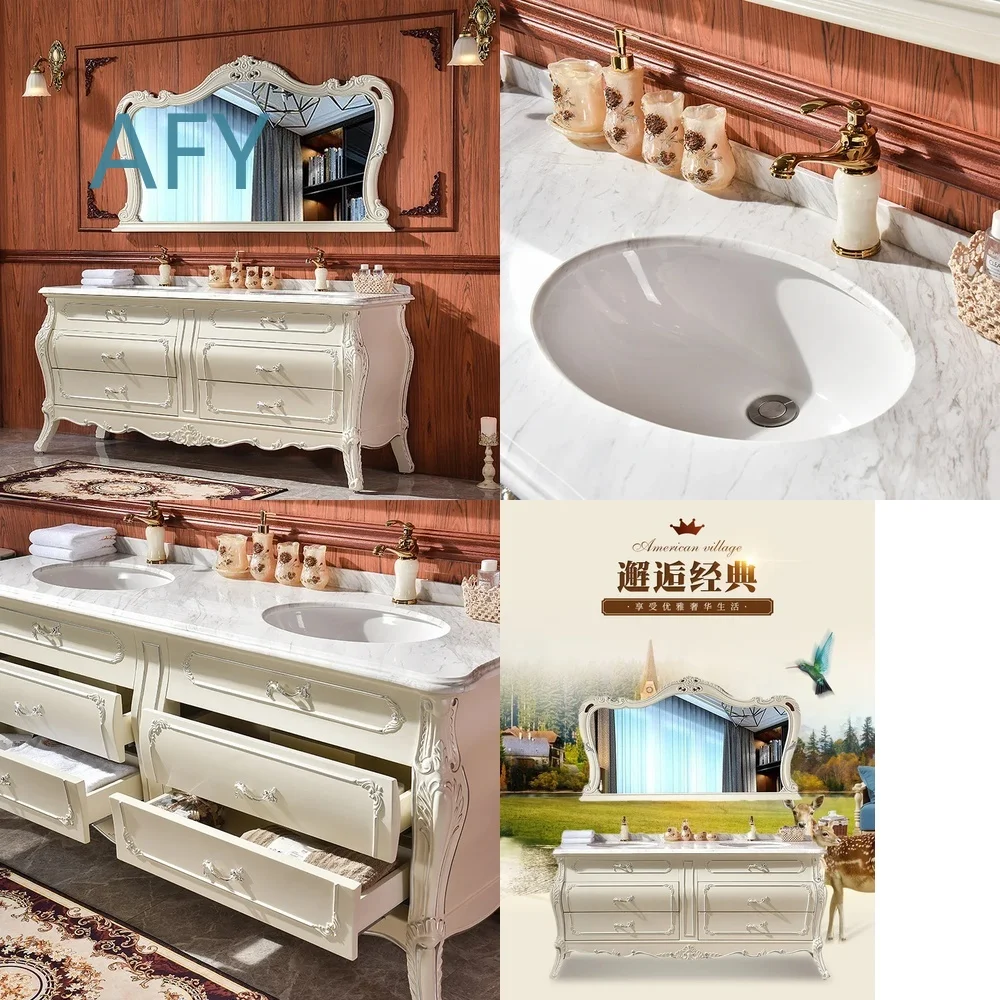 European Style Bathroom Cabinet for Oak Washbasin Sink Vanity Unit Solid Wood Bathroom Storage Combo with Mirror and Faucet