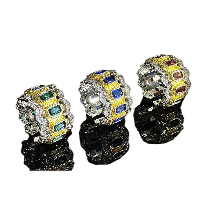 MDL Moissanite Style Wide Italian Vintage Court Emerald Ring Premium Feeling Woven Carved Gold Lace Open Ring