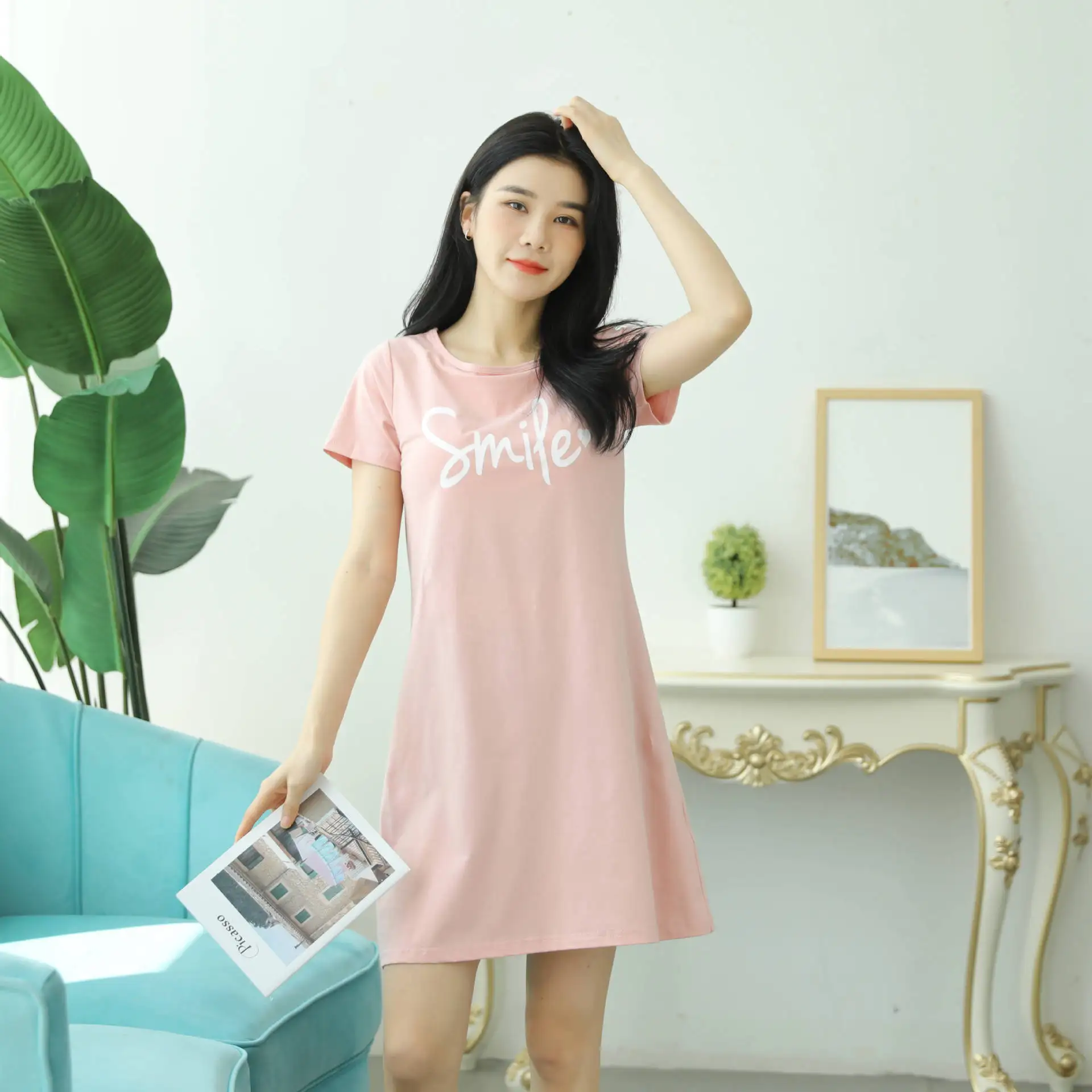 Cute Letter Printing Student Nightdress Modal Cotton Short Dress Fresh Chest Pad Sleepwear Women Sleepshirt Loose Nightgowns