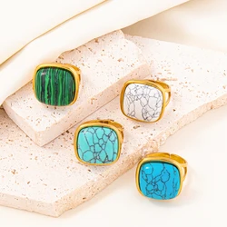 Luxury Square Turquoise No Fade Stainless Steel Rings For Women Men Jewelry Fashion Open Adjustable Ring Finger Accessories Gift
