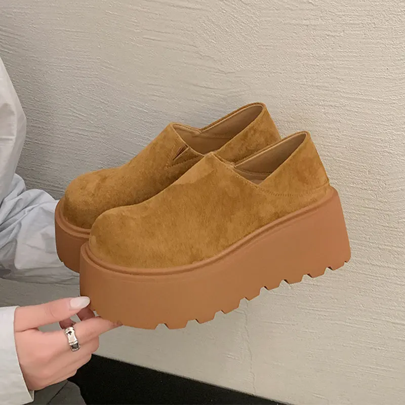 2025 New Wedges Platform Loafers for Women Autumn Winter Thick Soled Height Increase casual Shoes Woman Faux Nubuck Boken Shoes