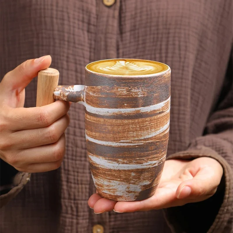 

Посуда для питья, 1 шт., креативная деревянная ручка, грубая керамическая кофейная чашка, японская ретро-керамическая кружка, винтажная чайная чашка