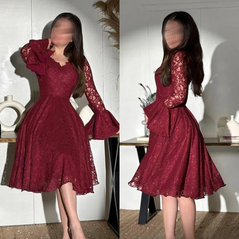 

Jiayigong Prom Classic Formal Evening V-Neck A-line Draped Knee-Length Lace Bespoke Occasion Dresses