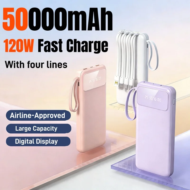 

100000 мАч 4в1 Power Bank со встроенным кабелем Компактный и портативный Power Bank большой емкости для Xiaomi iPhone 17Promax Huawei