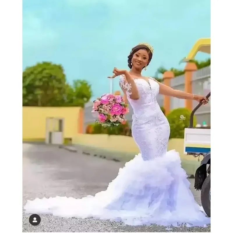 Customized Mermaid Wedding Dresses Made Long Sleeve Bridal Gowns 3D-Floral Appliques Lace Tiered Skirts Custom