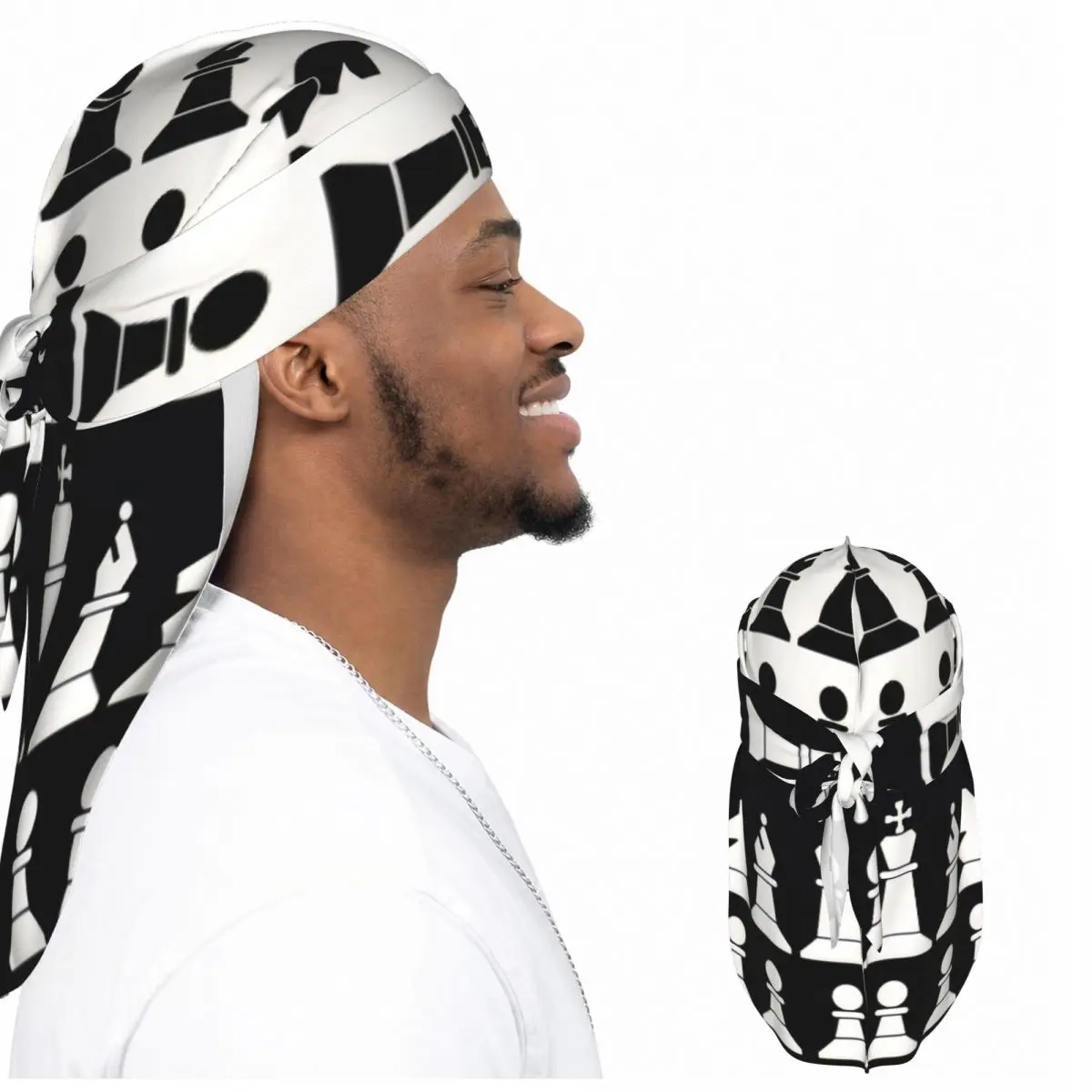 Men Satin Durag Long Tail Doo Rag Chess Pieces Icons Hip Hop Headwrap Hair Scarf