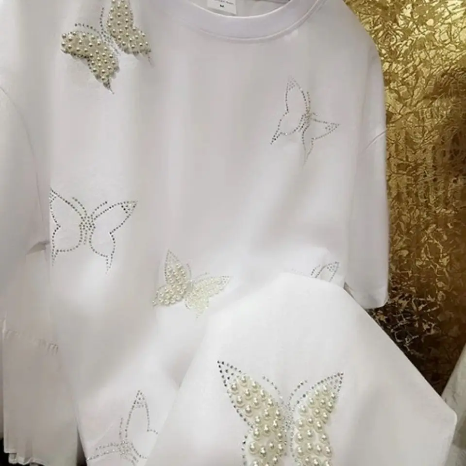 

Round Neck Pure Cotton Short Sleeve Top 2024 Spring/Summer Women Handmade Beaded Butterfly Solid Color All-match Casual T-shirt