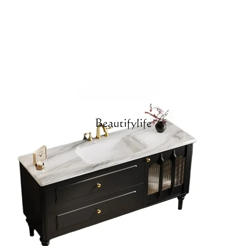 oak paint floor cabinet rock slab hot bending integrated basin washbasin cabinet