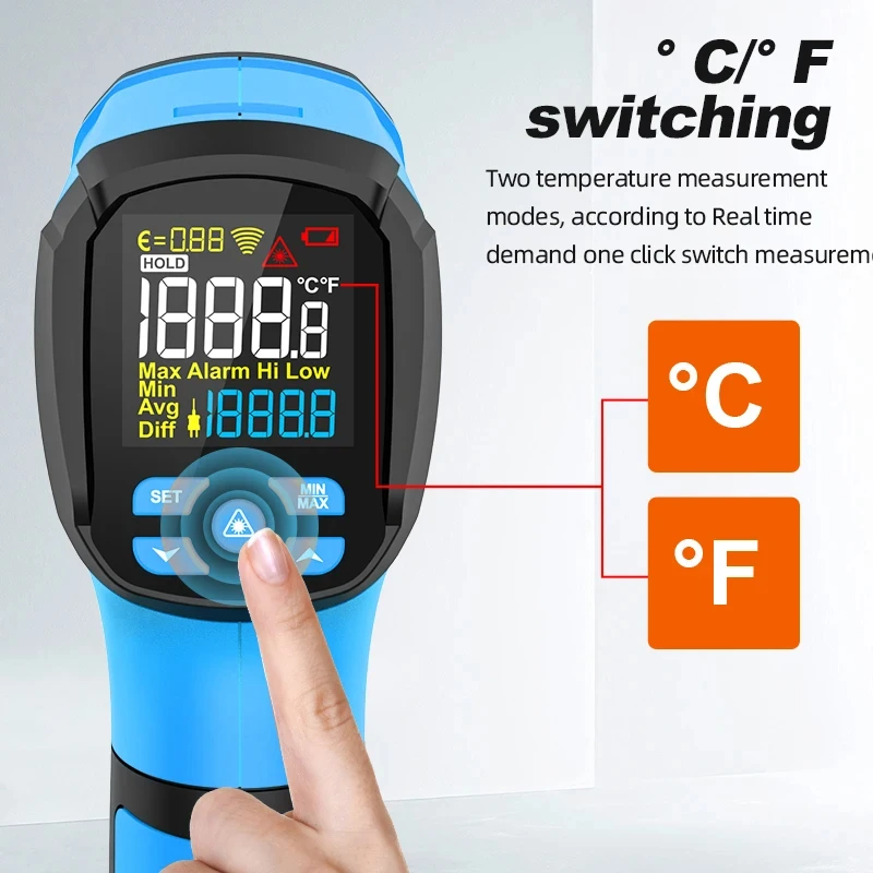 Non-Contact Infrared Thermometer -40°C~1600°C Industrial Grade Pyrometer with K-Probe Laser Pyrometer Adjustable Emissivity