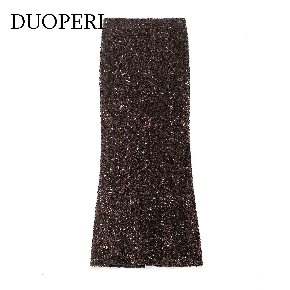 DUOPERI Falda recta con abertura en la espalda de café con lentejuelas para mujer Y2K cintura elástica faldas largas elegantes para mujer