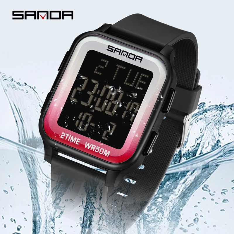 SANDA New Square Design LED Electronic Teenagers Watch Fashion Trend Multi Functional Waterproof Chronograph Clock Men\'s Watches