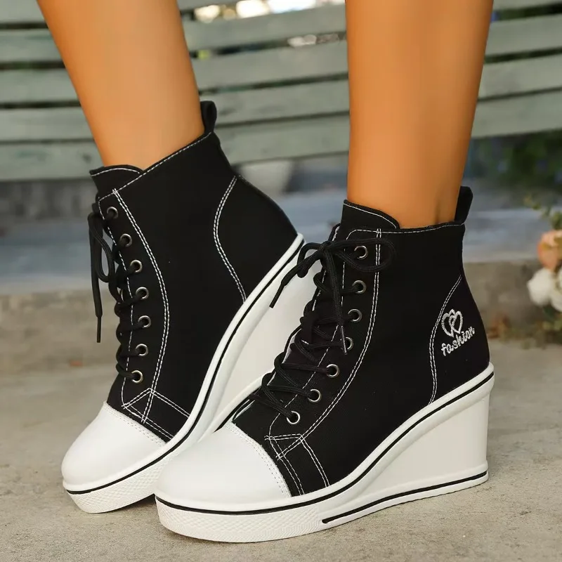 

2026 Women's High Top Canvas Shoes, Female Thick Soled Sloping Follow-up Shoes, Ladies Fashionable Lace Up Canvas High Heels