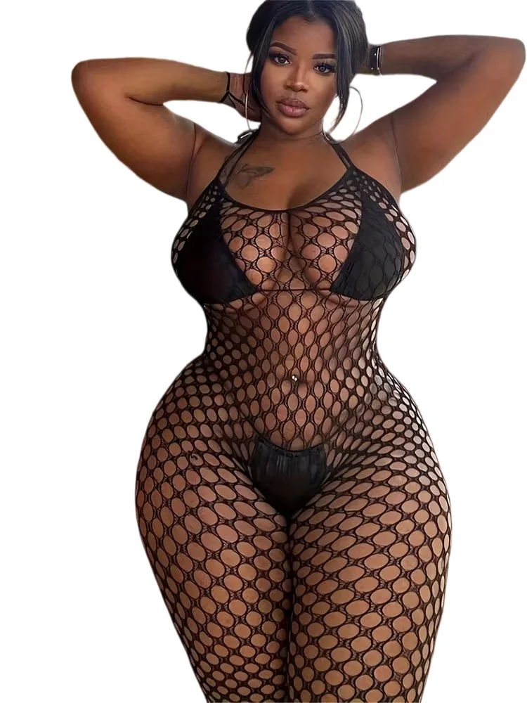 SIMPLEJEWEL, talla grande, Body ajustado de rejilla para mujer, mono sin entrepierna de talla grande, medias sexis, ropa de dormir suave, lencería