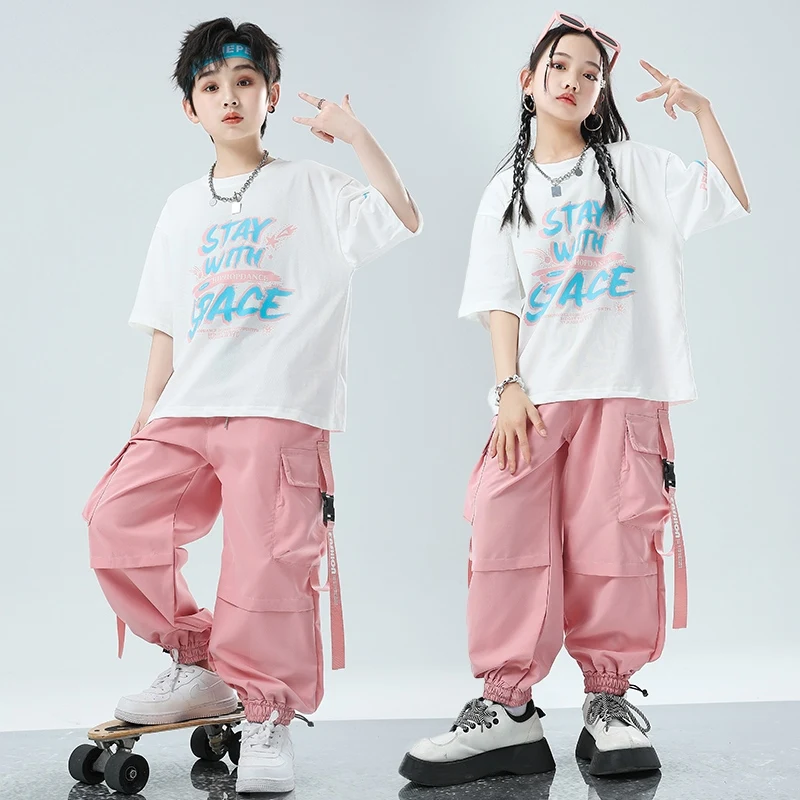 Kids Street Dance Hip Hop Clothes Boys T Shirt Pink Cargo Pants Girls Jazz Practice Wear Teens Hiphop Performance Outfit BL13663