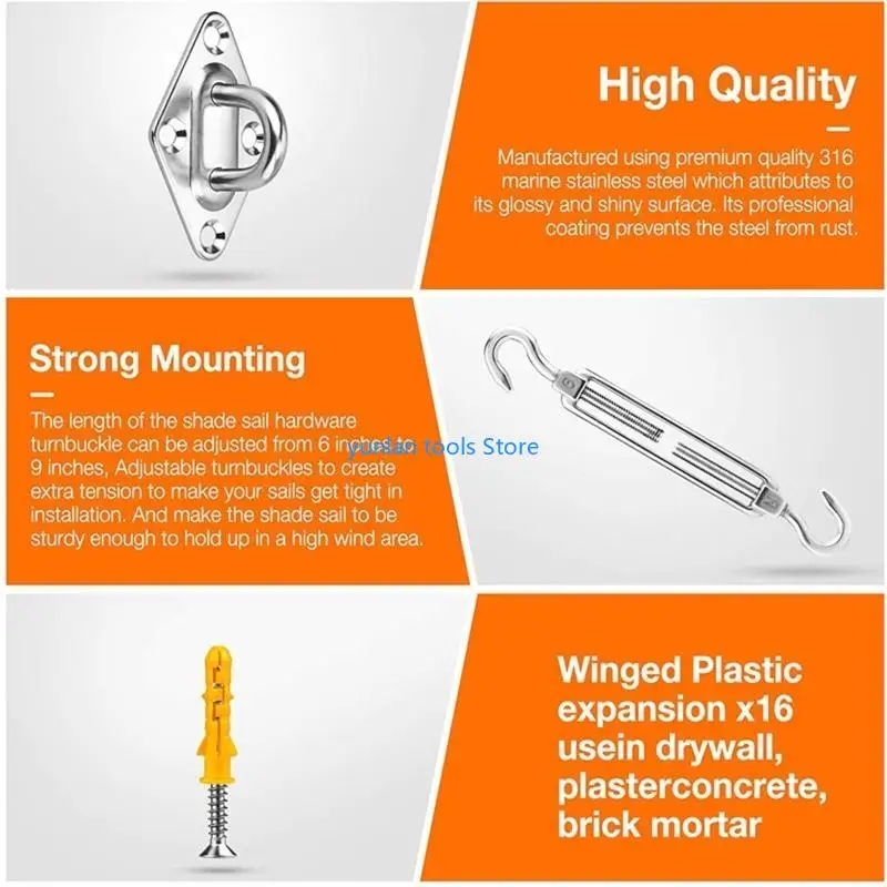 50LB Stainless Shade Sail Hardware Rustproof Outdoor Rectangle Awning Attachment Set 81pcs for Sun Shade Sail Canopy Fitt