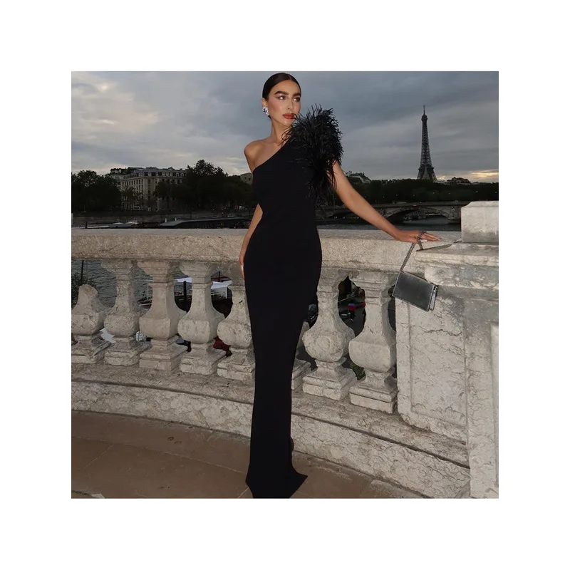 Women'S Solid One Shoulder Maxi Evening Dress, Splicing Bodycon Party Long Gown