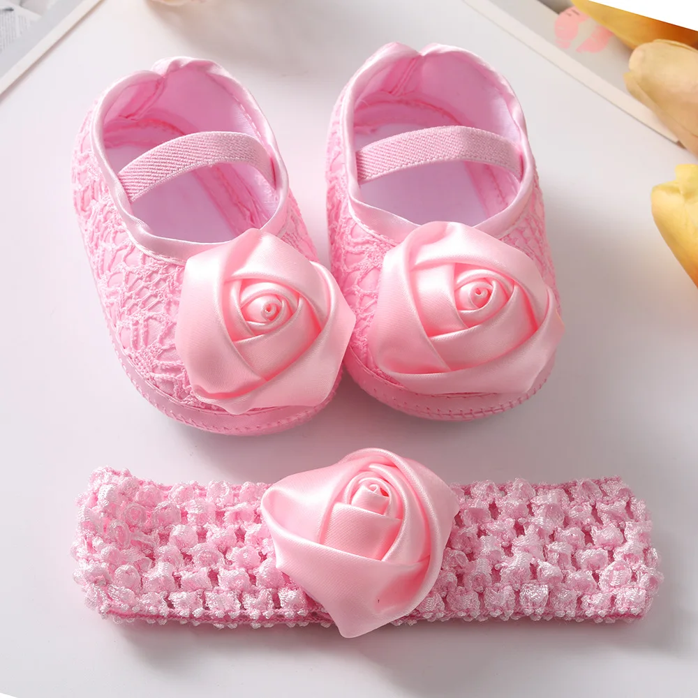 Baby Girls Flat Shoes Headband Soft Sole Newborn Infant Toddler Rose Flower Wedding Dress Walking Shoes 3-12Months