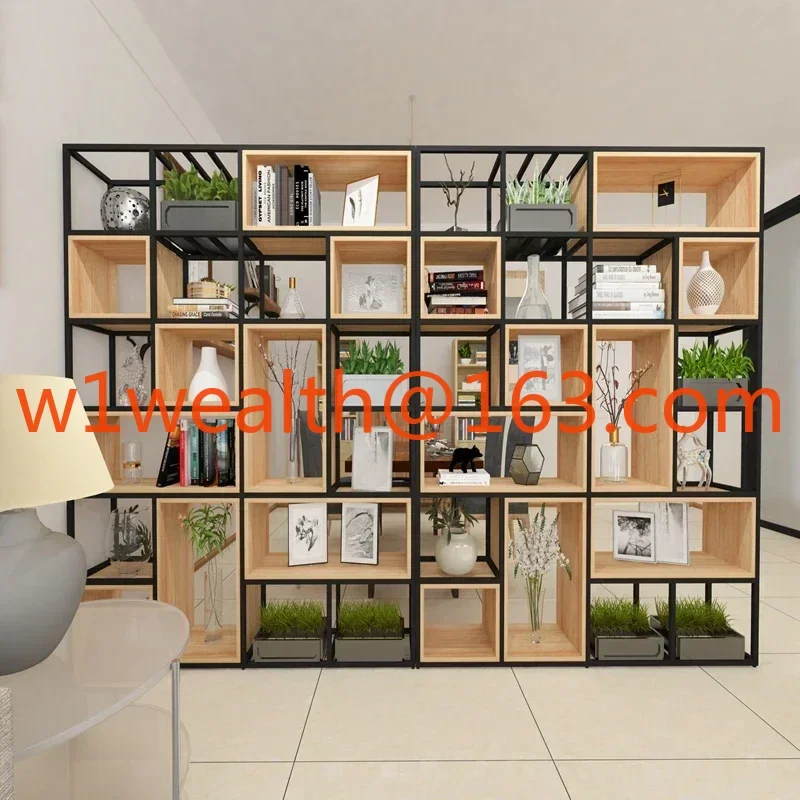 Simple floor partition, multi-layer storage and display rack, living room, steel and wood combination bookshelf