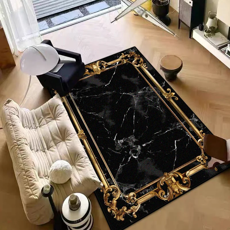 

Мраморный стиль, черная золотая рамка, домашний декор, роскошный ковер для гостиной, нескользящий офисный коврик для отдыха, мягкий моющийся коврик для журнальных столиков