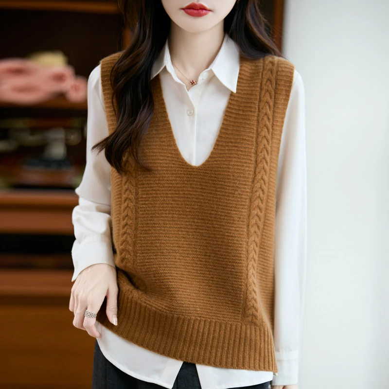 100%ピュアウール レディース 秋冬 セーターベスト 2025 ファッション Vネック ノースリーブ ニット プルオーバー ベスト 女性用 ルーズ ジャンパー トップス