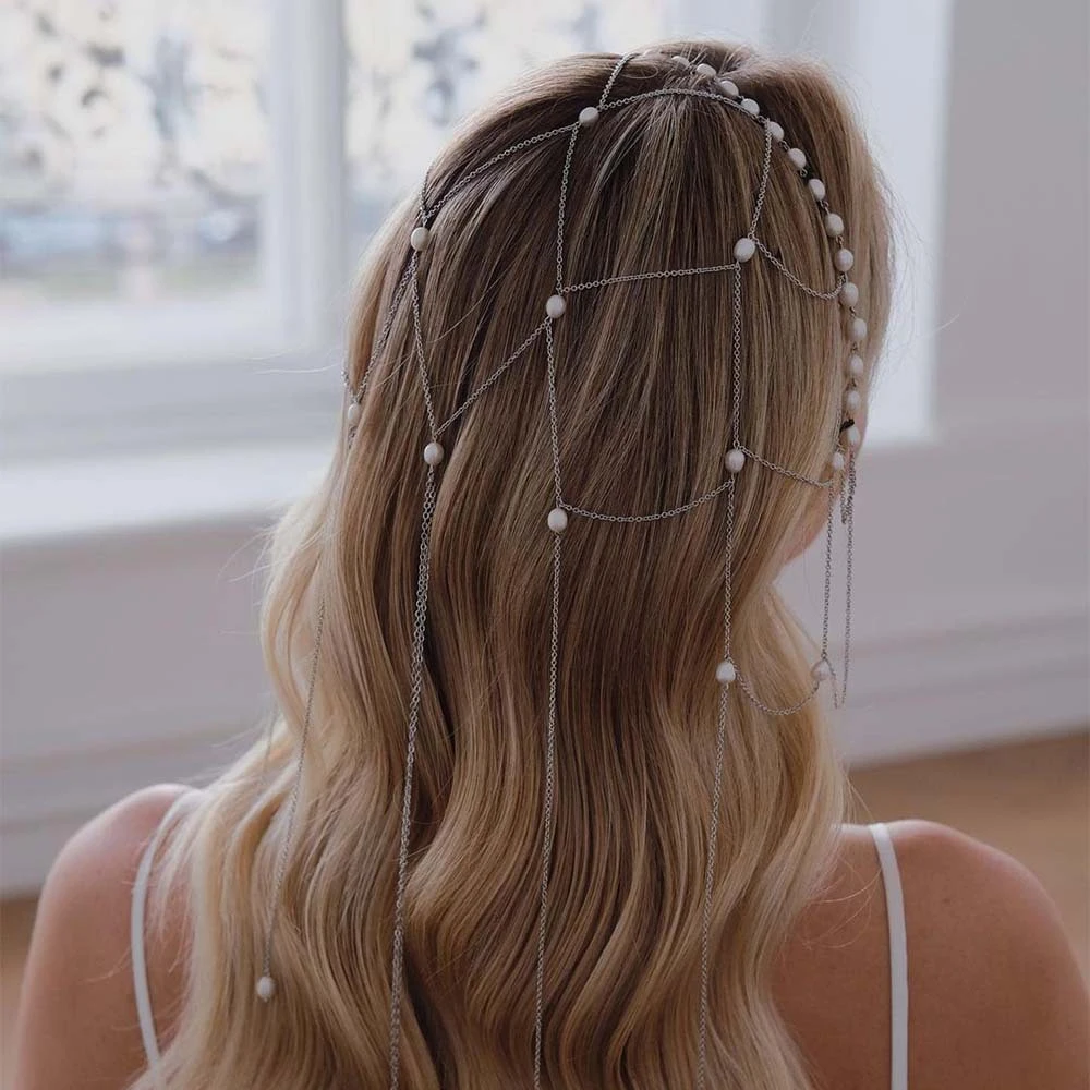 Bridal Mesh Tassel Hair Chain Headband Wedding Dress Accessories Fashion Indian Lady Imitation Pearl Headpiece Hat Wig Jewelry