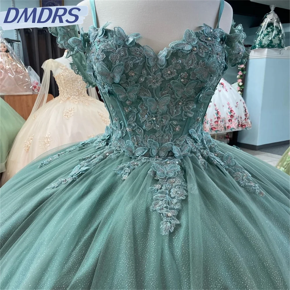 Vestidos Quinceanera de manga curta com alças de espaguete brilhante vestido de baile clássico 3D, doce vestido de 16 anos, sexy, elegante, 2024