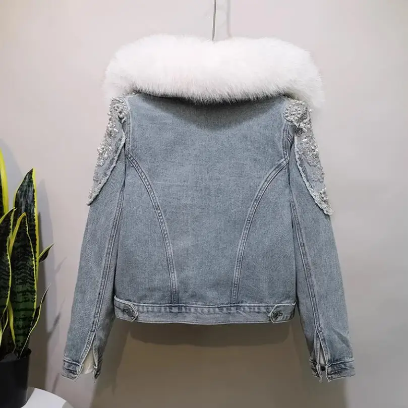 Street Stylish Beaded Real Fox Fur Collar Denim Coat for Women 2023 Autumn Winter Loose Short Parka Female Fashion Outwear Y4542