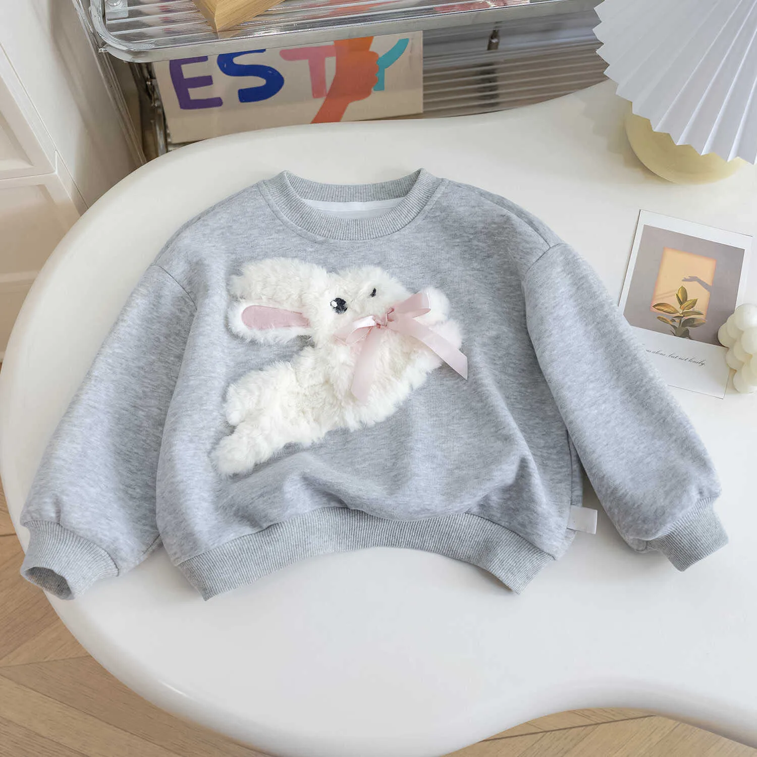 

Cute Plush Little White Rabbit Children's Sweatshirt 2024 New Autumn Girl Baby Round Neck Long Sleeve Pullover Sweet Cute Top