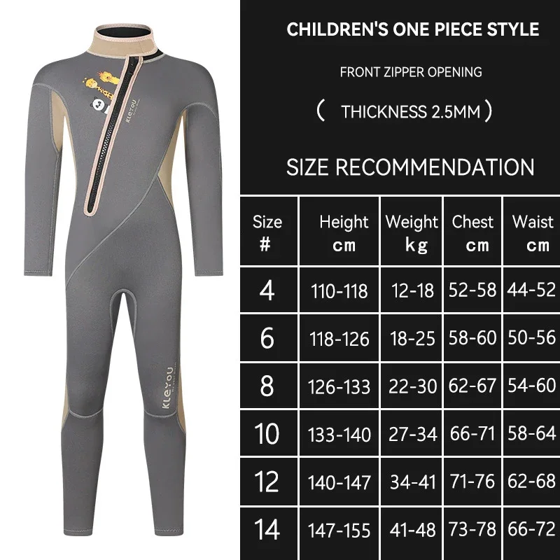 Children's 2.5mm Neoprene Wetsuit Thickened Warm Front Zipper Swimsuit Boys Girls Kids Long-sleeved Diving Surfing Swimming Suit