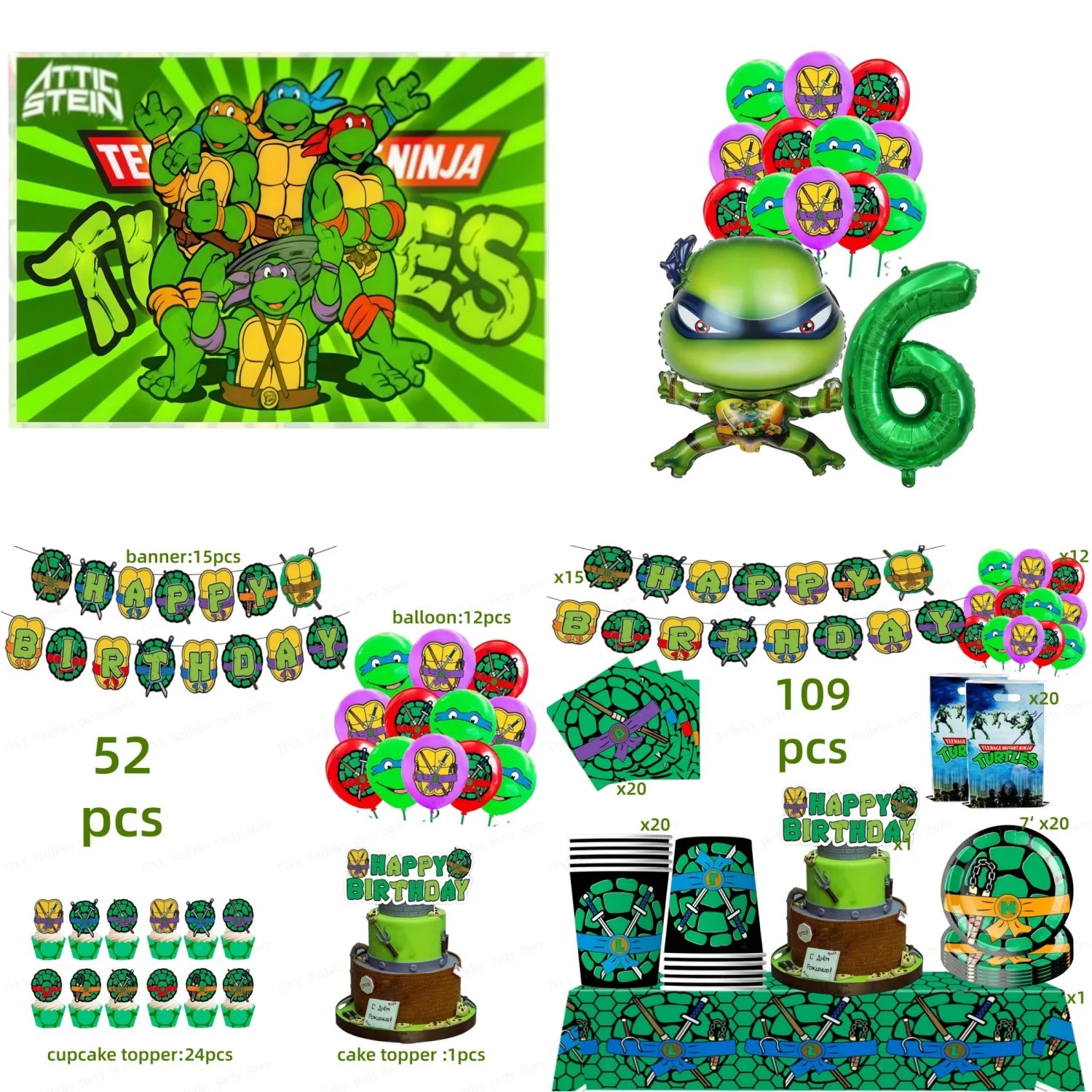 Ninja Turtle Themen-Geburtstagsparty-Dekorationsset: Tischdecke, Becher, Banner, Ballons, Tortendekorationen, Baby-Shower-Zubehör