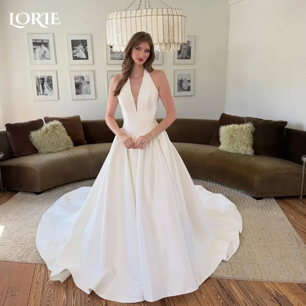 LORIE Halteer Satin Wedding Dress Modern Deep V Neck A-line Sleeveless Backless Ivory Bride Gown Customized Corset Bride Dresses
