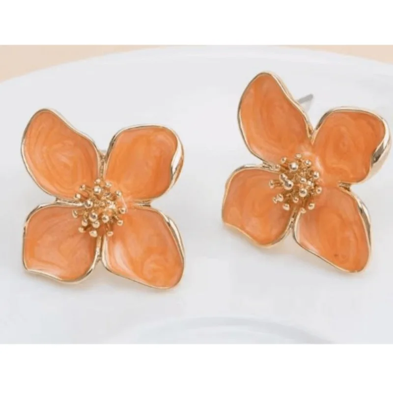 Hibiscus Dropped Glaze Flower Stud Earrings for Women Girl French Vintage 2024 Fashion Korean Wedding Romantic Jewelry Gifts