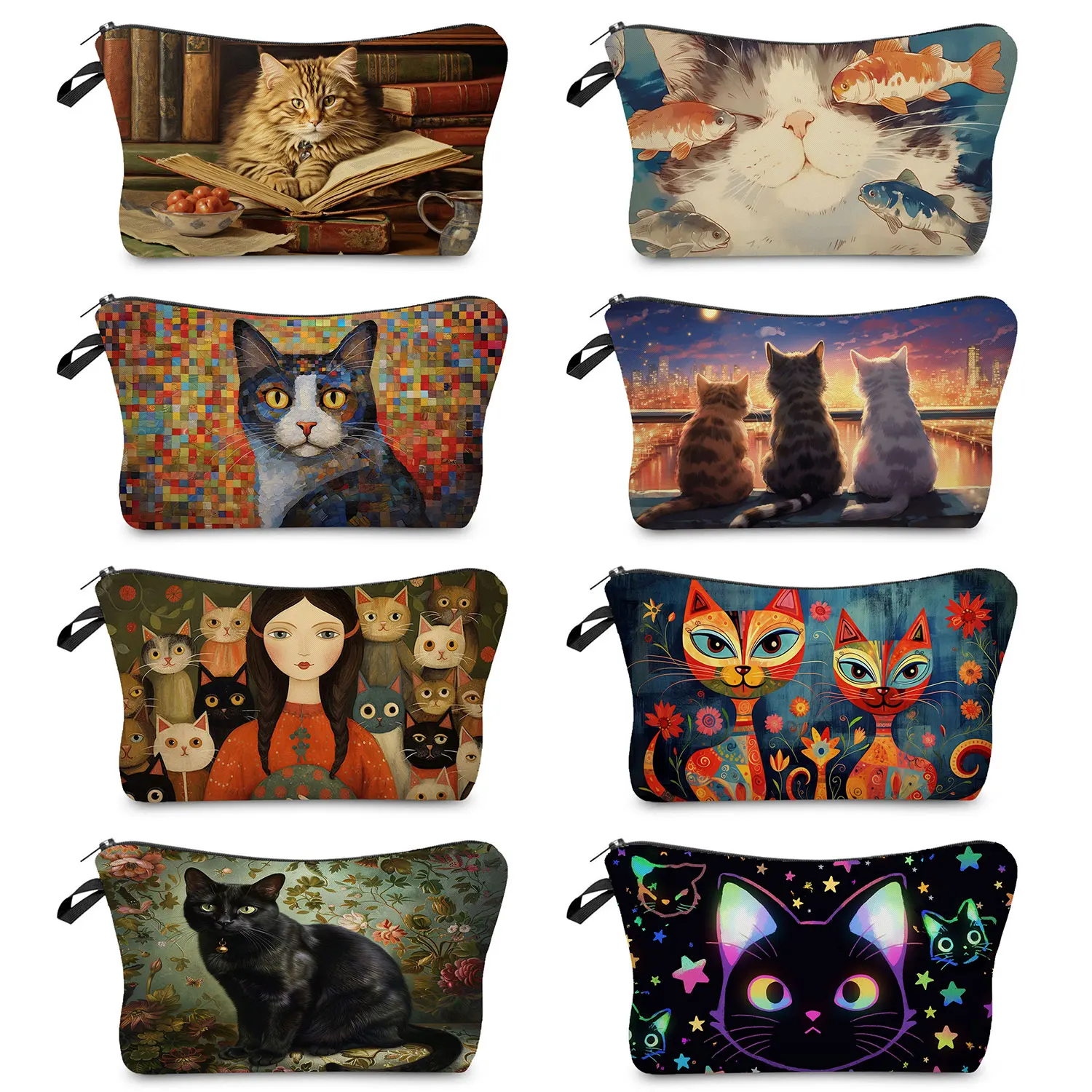 

Oil Painting Cat Print Makeup Bags Kawaii Animal Graphic Travel Toiletry Bags Portable Storage Bags Casual Zipper Cosmetic Bags
