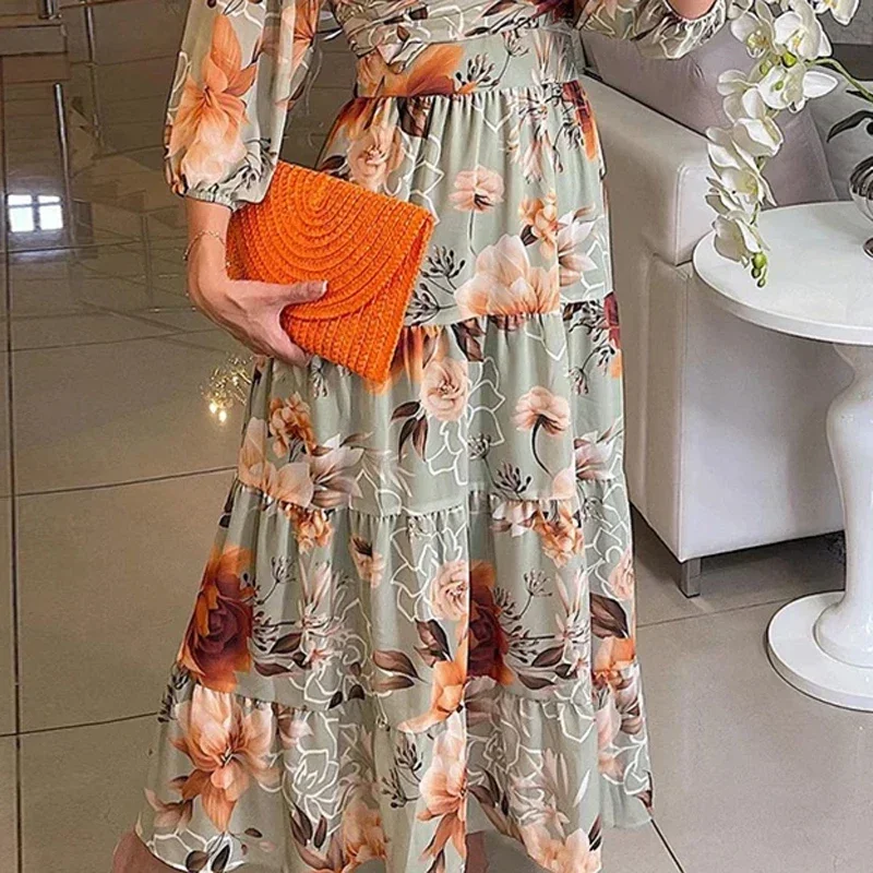 Autumn Women Floral Printed Pleated Long Party Dress 2024 Spring Long Sleeve Hollow Maxi Dress Sexy V Neck High Waist Dress