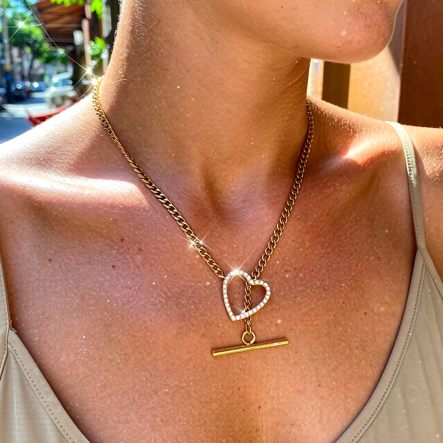 Open Heart CZ OT Toggle Clasp Curb Chain Necklace for Women Stainless Steel Hypoallergenic Non Tarnish Trendy Neck Jewelry Gift
