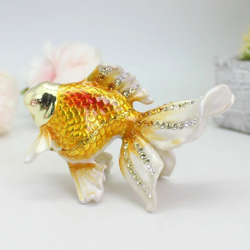 

SHINNYGIFTS Enamel Goldfish Trinket Box Asian Style Metal Art Decor Feng Shui Office Desk Accessory, Unique Housewarming Gift