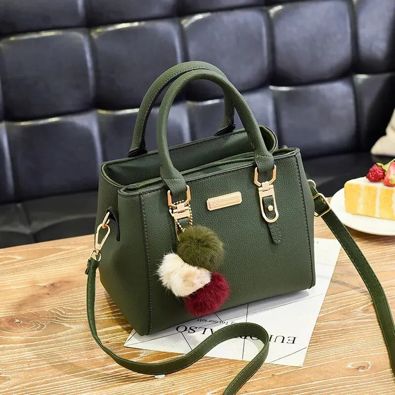 Fashion PU Leather Bucket With Hairball Ornaments Women Handbag Vintage Solid Color Top Handle Shoulder Crossbody Bags