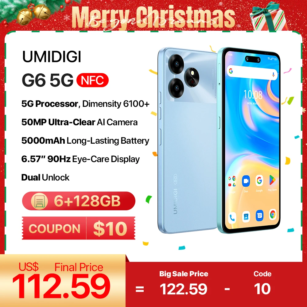 [NEW 5G] UMIDIGI G6 5G Smartphone 5G Android 13 Dimensity 6100+ 6+6GB 128GB 6.57” 90Hz 50MP Ultra-Clear Eye-Care Dual Camera NFC