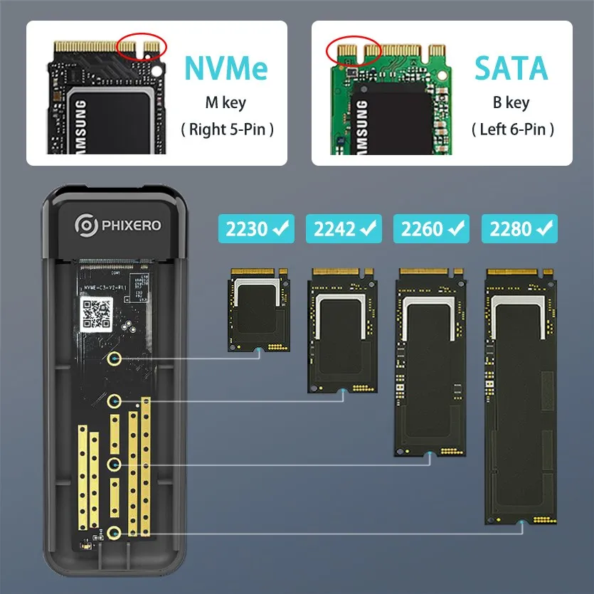 Phixero m.2nvme ssd-ヒートシンク,統合アルミニウムハウジング,usb c 3.1 gen 2 10gbps to nvme pcie外部エンクロージャー,pc