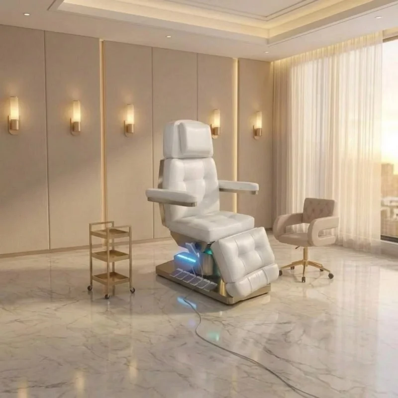 Electric Beauty Treatment Chair Diamond Tufted White Leather Adjustable Spa Bed With LED Facial Massage Equipment Wholesale